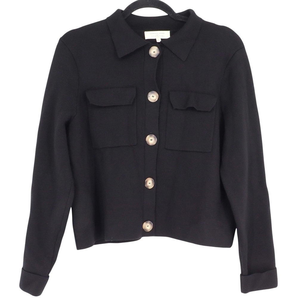 Sezane Women's Betty Merino Cardigan Size M Black Wool Knit Boxy Sweater